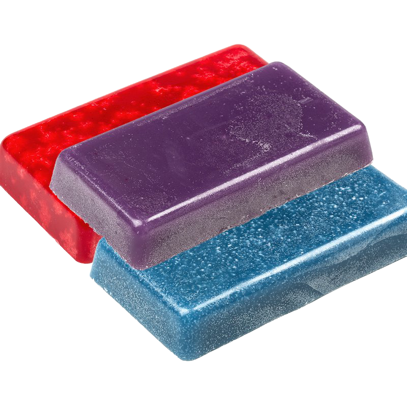 Three smooth blocks of handcrafted scented candle wax in bright red, deep purple, and rich blue, ideal for lamps and lighting, candlemaking supplies, and best sellers collections.