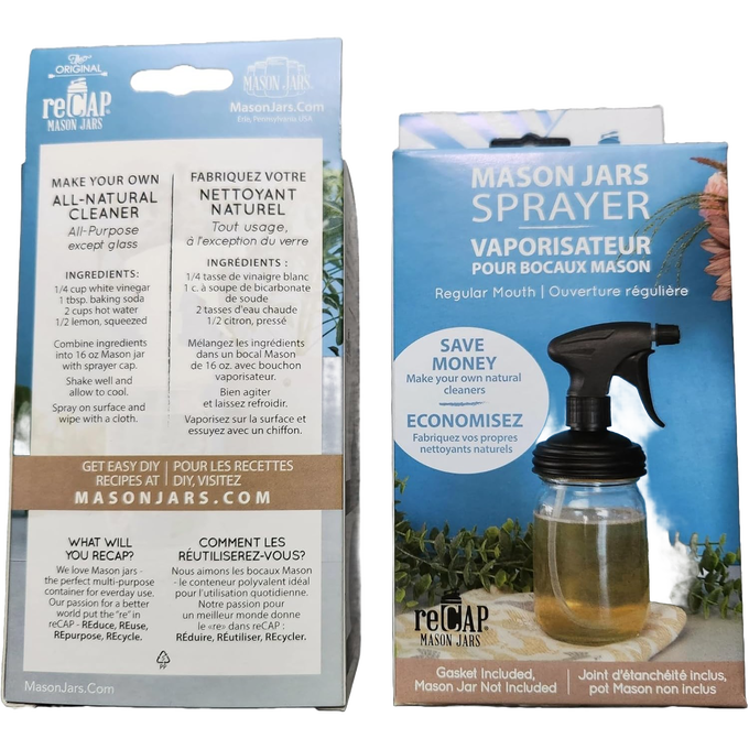 Packaging for reCAP Mason Jar sprayer lid in black no-break plastic with adjustable trigger, fitting regular-mouth jars, promoting eco-friendly cleaning for Home & Decor and Household Helpers collections.