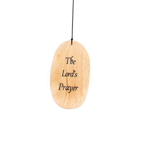 Handcrafted wooden windcatcher engraved with "The Lord's Prayer," hanging by a cord, designed for Farm, Garden & Tool, Garden Accessories, Best Sellers, and Promo Eligible collections.