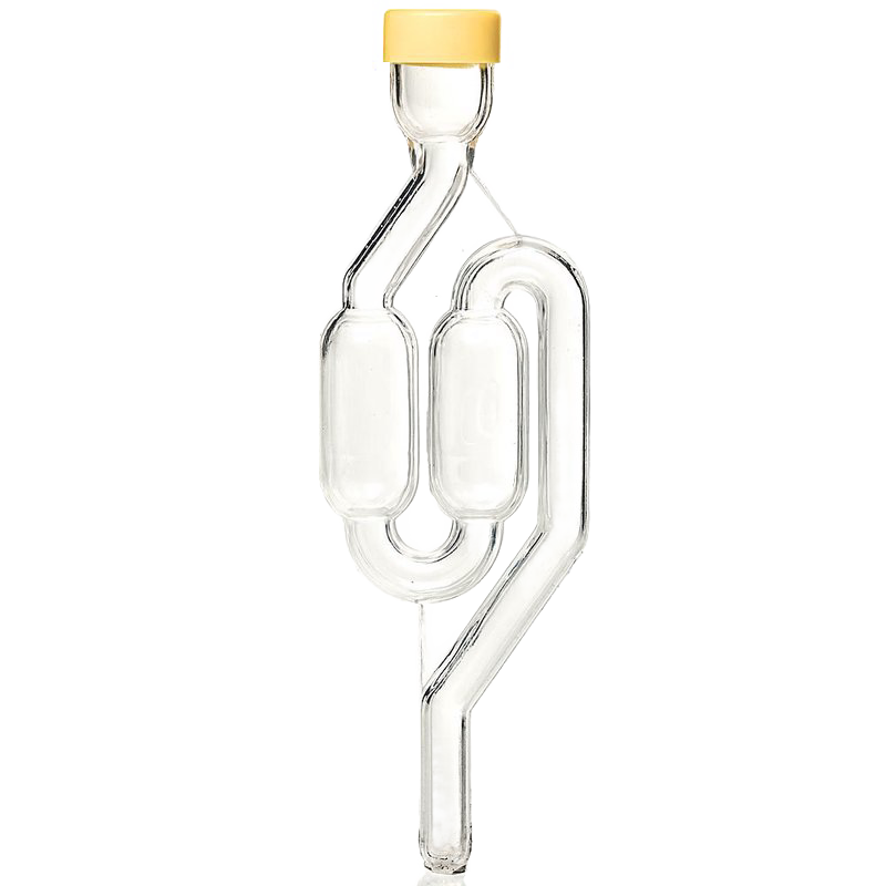 Clear glass S-shaped fermenting airlock with a yellow stopper, designed for slow fermentation in food preservation and kitchen use, featured in best seller and promo collections.