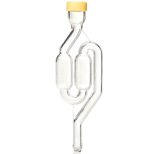 Clear glass S-shaped fermenting airlock with a yellow stopper, designed for slow fermentation in food preservation and kitchen use, featured in best seller and promo collections.