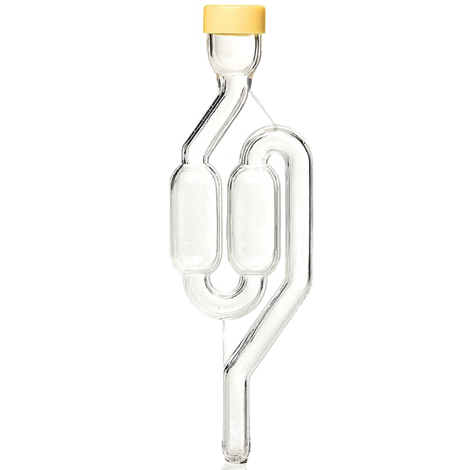 Clear glass S-shaped fermenting airlock with a yellow stopper, designed for slow fermentation in food preservation and kitchen use, featured in best seller and promo collections.