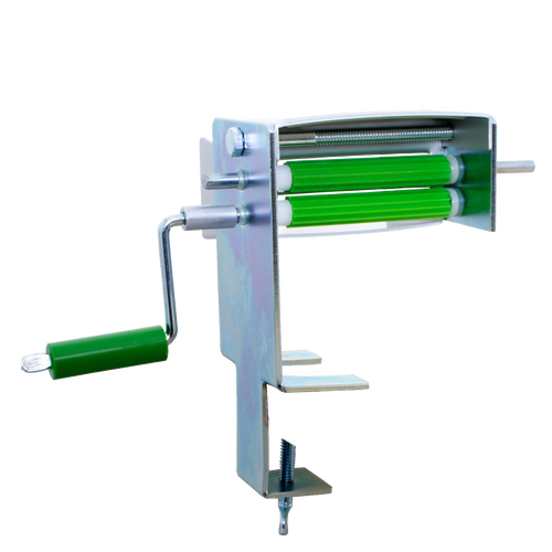 Metal kitchen tool with green rolling bars and crank handle mounted on clamp, designed for shelling peas or beans, part of USA Made, Specialty Equipment, and Kitchen & Food collections.