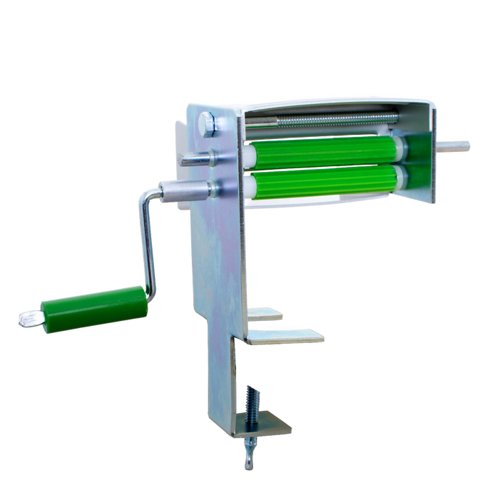 Metal kitchen tool with green rolling bars and crank handle mounted on clamp, designed for shelling peas or beans, part of USA Made, Specialty Equipment, and Kitchen & Food collections.