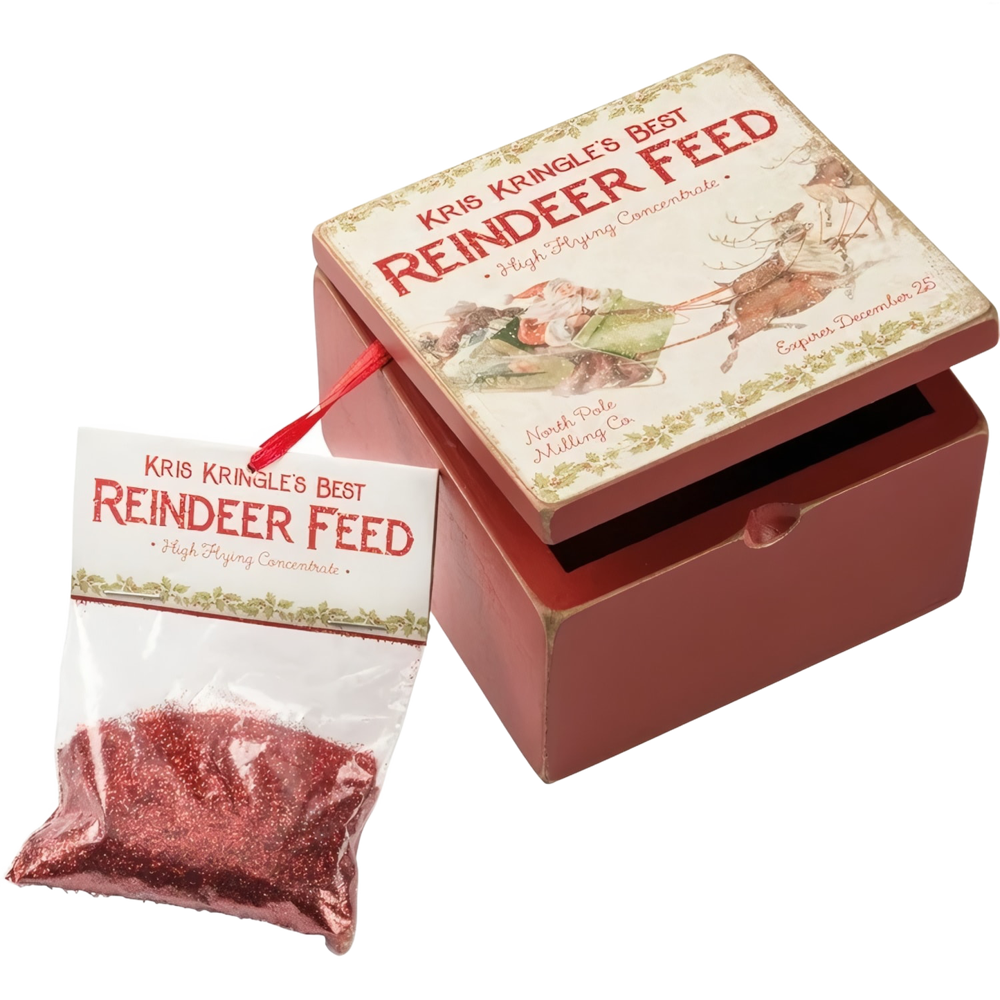 Handcrafted hinged box in red featuring vintage-style label and packet of red glitter reindeer feed, crafted to bring festive joy for Home & Decor, Holiday Decor, Best Sellers, Promo Eligible collections.