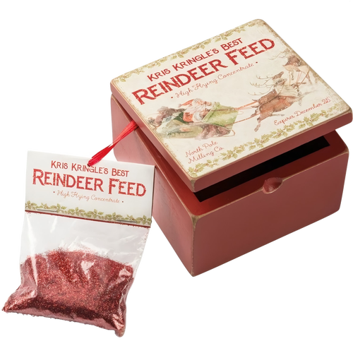Handcrafted hinged box in red featuring vintage-style label and packet of red glitter reindeer feed, crafted to bring festive joy for Home & Decor, Holiday Decor, Best Sellers, Promo Eligible collections.