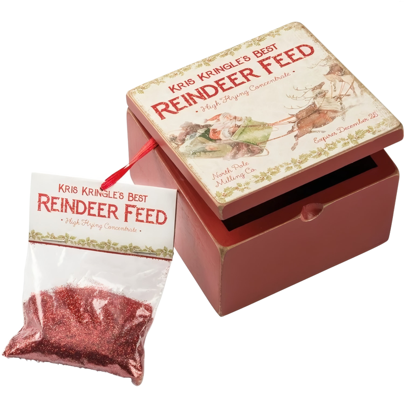 Handcrafted hinged box in red featuring vintage-style label and packet of red glitter reindeer feed, crafted to bring festive joy for Home & Decor, Holiday Decor, Best Sellers, Promo Eligible collections.