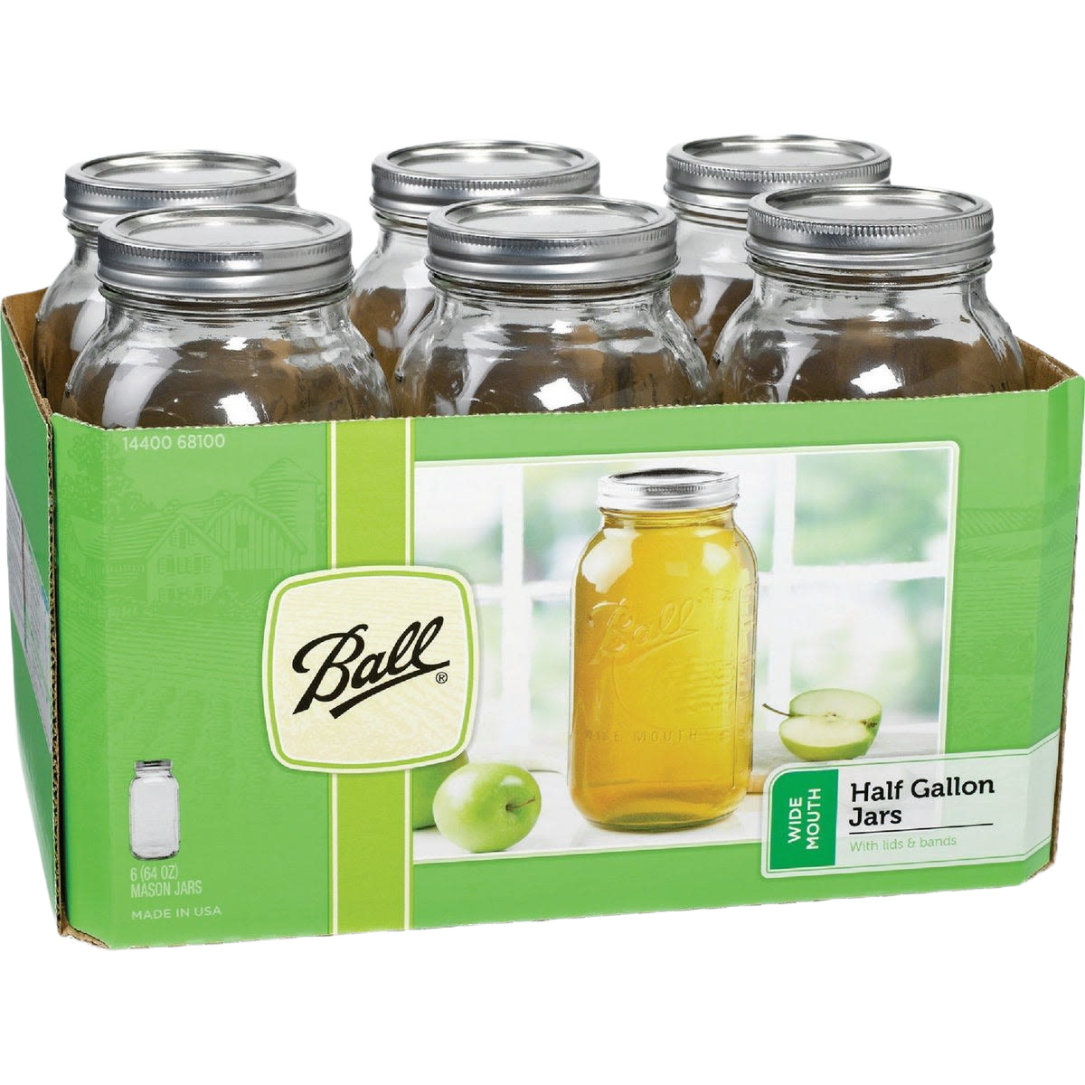 Set of six wide-mouth half-gallon glass canning jars with metal lids and bands, made in USA, ideal for kitchen, food preservation, and canning collections.