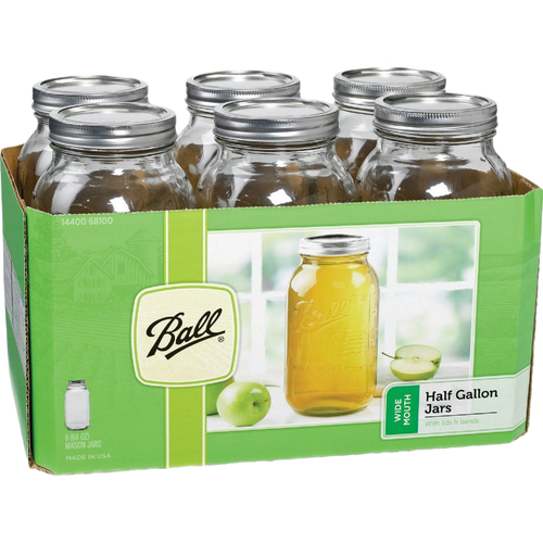 Set of six wide-mouth half-gallon glass canning jars with metal lids and bands, made in USA, ideal for kitchen, food preservation, and canning collections.