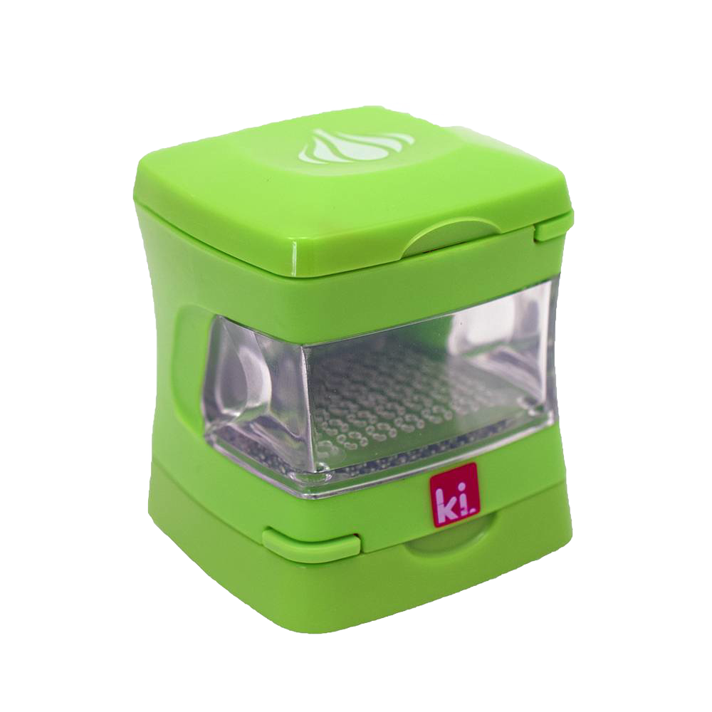 Compact green food prep gadget with clear container and built-in grater, designed for easy garlic peeling and slicing, ideal for Kitchen & Food and Food Prep collections.
