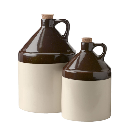 Pair of handmade stoneware jugs with handles and cork stoppers in brown and cream glaze, crafted in USA, perfect for Kitchen & Food, Storage and Serving, Best Sellers, and Promo Eligible collections.