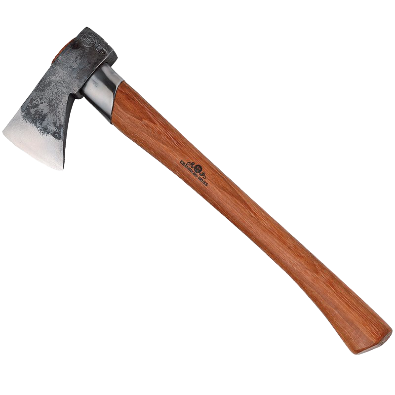 Handcrafted outdoor axe with tempered steel blade and smooth hickory handle, designed for wood cutting and splitting, featured in farm, garden, and tool collections.