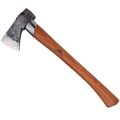 Handcrafted outdoor axe with tempered steel blade and smooth hickory handle, designed for wood cutting and splitting, featured in farm, garden, and tool collections.
