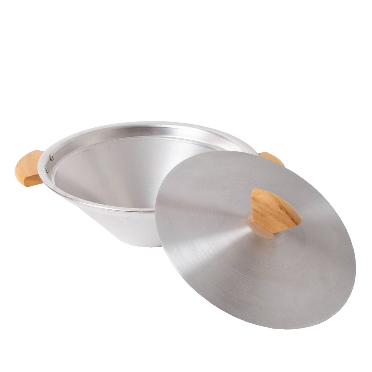 Aluminum stovetop popcorn popper with a conical bowl and wooden handles and lid knob, designed for easy, healthy popcorn making; featured in Kitchen & Food and Cookware collections.