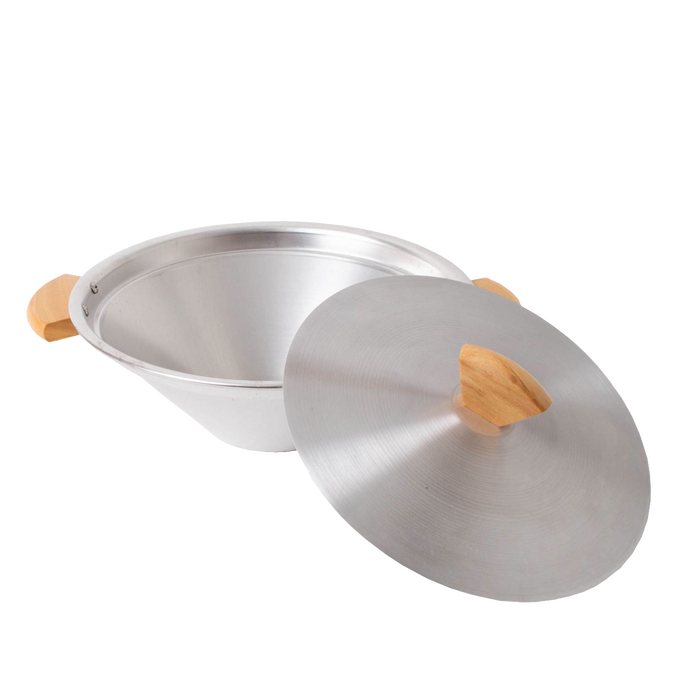 Aluminum stovetop popcorn popper with a conical bowl and wooden handles and lid knob, designed for easy, healthy popcorn making; featured in Kitchen & Food and Cookware collections.