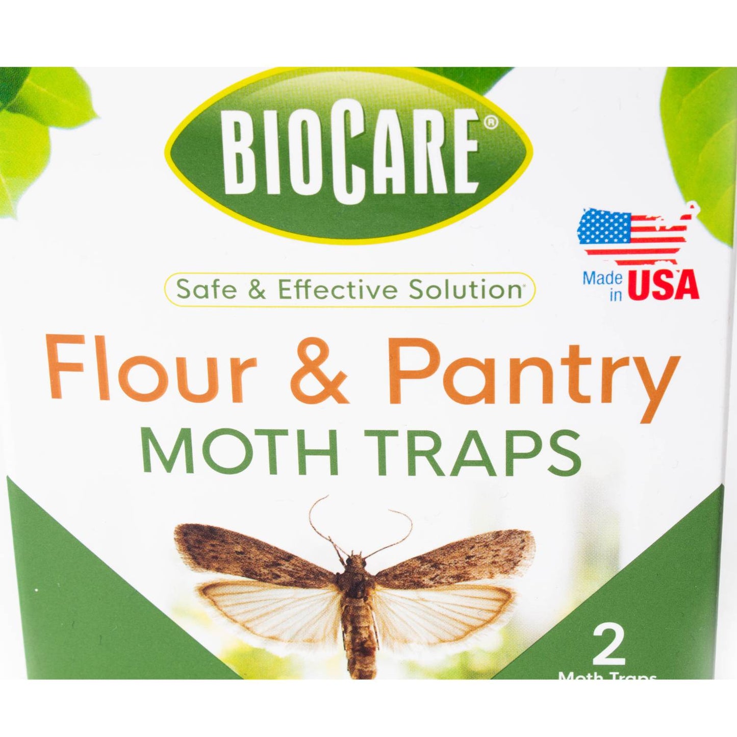 Close-up of a BioCare branded box of flour and pantry moth traps featuring a moth illustration, highlighting a safe and effective solution made in USA, suitable for Home & Decor, Farm, Garden & Tool, Pest Control, Household Helpers, Best Sellers, and Promo Eligible collections.