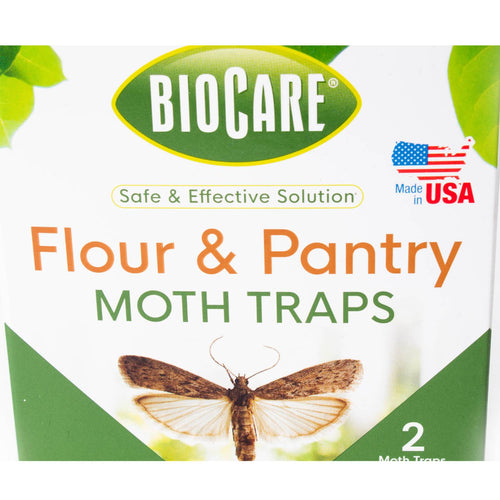 Close-up of a BioCare branded box of flour and pantry moth traps featuring a moth illustration, highlighting a safe and effective solution made in USA, suitable for Home & Decor, Farm, Garden & Tool, Pest Control, Household Helpers, Best Sellers, and Promo Eligible collections.