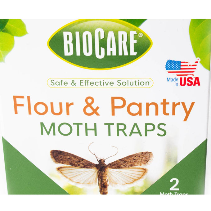 Close-up of a BioCare branded box of flour and pantry moth traps featuring a moth illustration, highlighting a safe and effective solution made in USA, suitable for Home & Decor, Farm, Garden & Tool, Pest Control, Household Helpers, Best Sellers, and Promo Eligible collections.