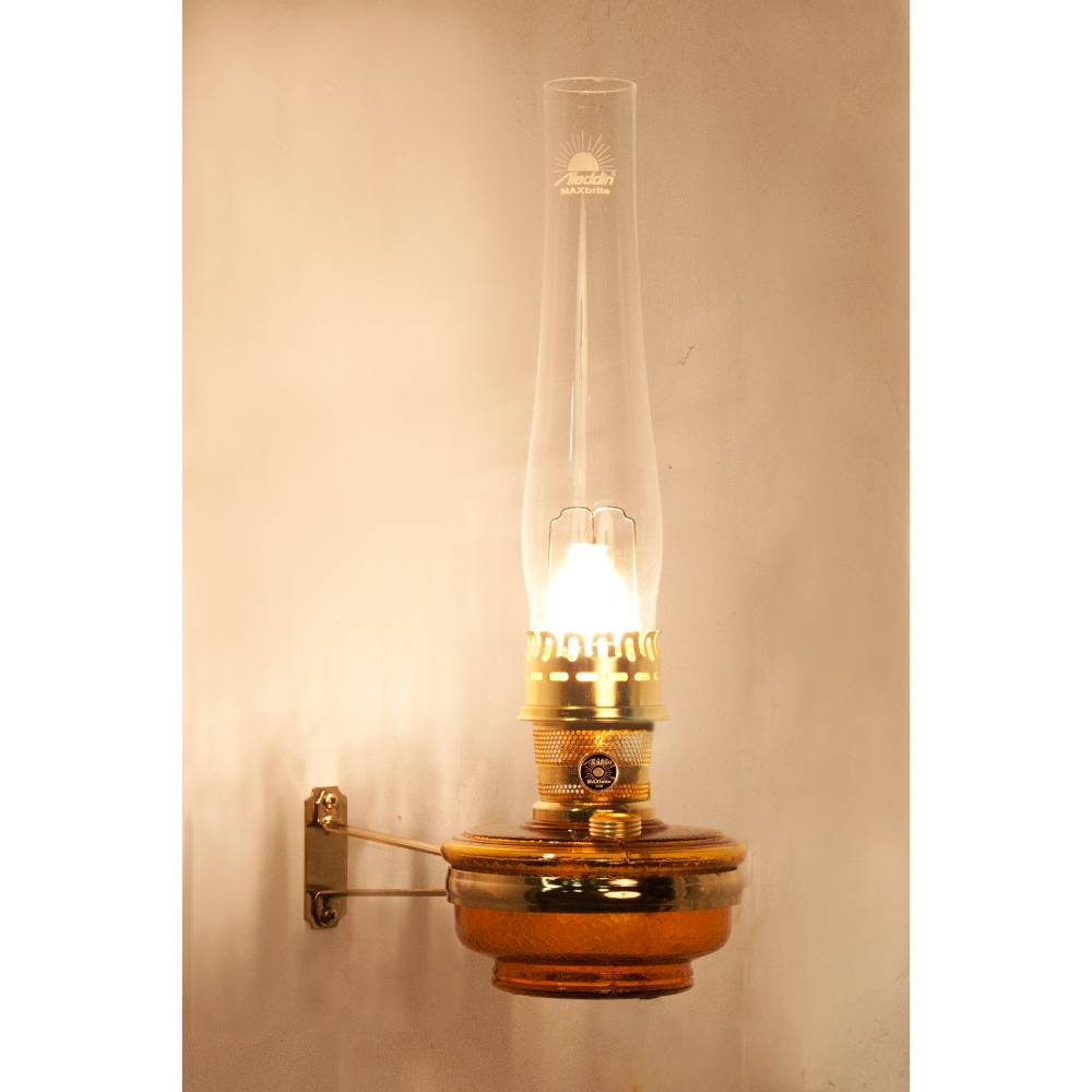 Handcrafted clear regency-style wall oil lamp with glass chimney and brass base, designed for bright illumination, featured in Farm, Garden & Tool, Lamps & Lighting, and Emergency Supplies collections.