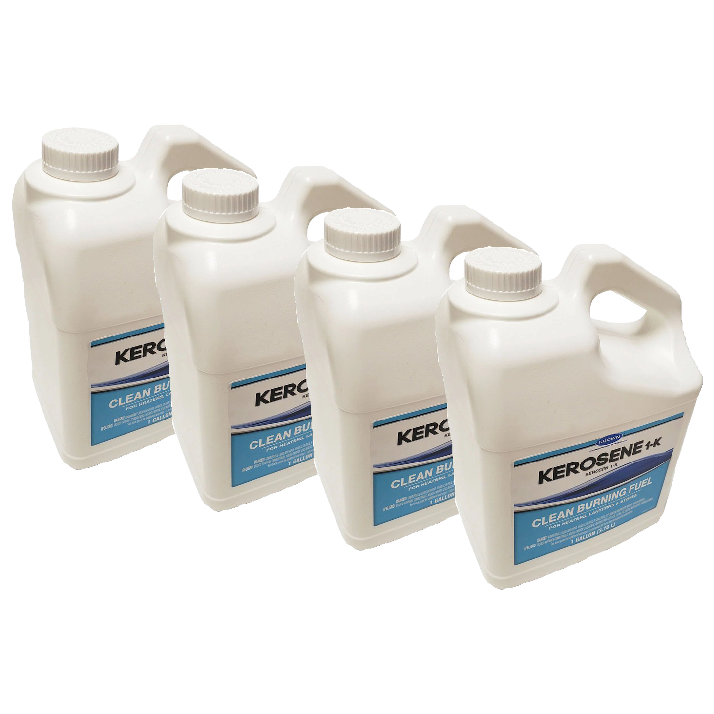 Set of four one-gallon white plastic containers of clean burning K-1 grade kerosene fuel, made in USA, ideal for farm, garden, lamps, heating, emergency supplies, and lamp fuel collections.
