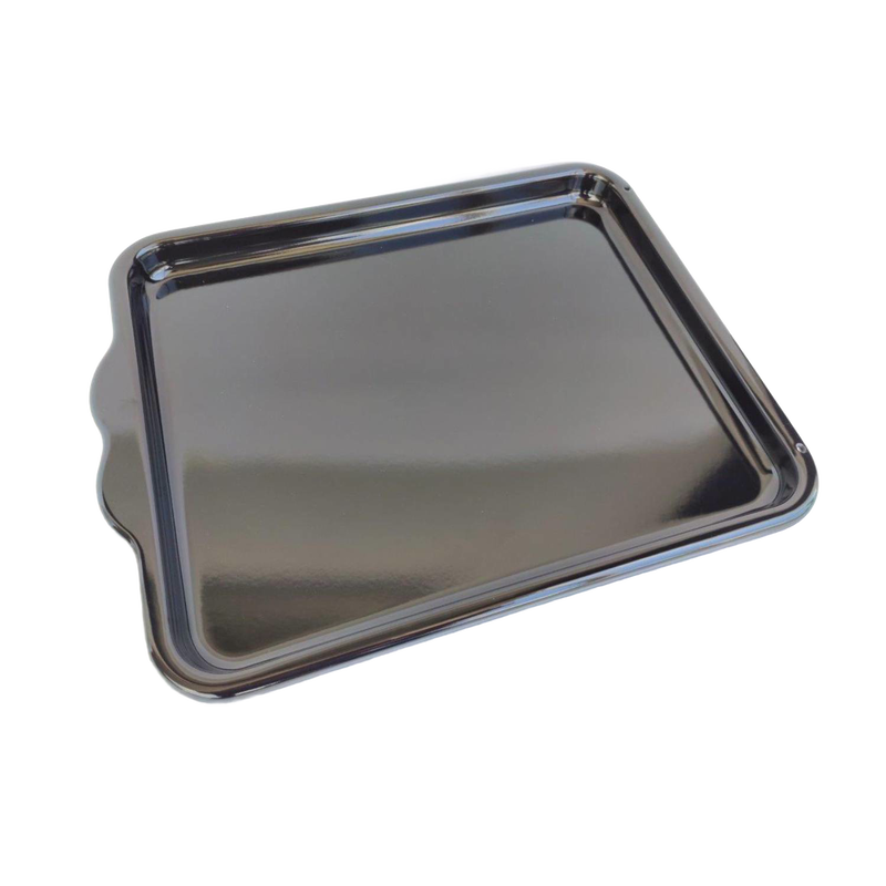 Durable enameled steel baking tray with raised edges and side handles, designed for use with select Rosa cookstoves, featured in Stoves and Hearth Accessories collections.