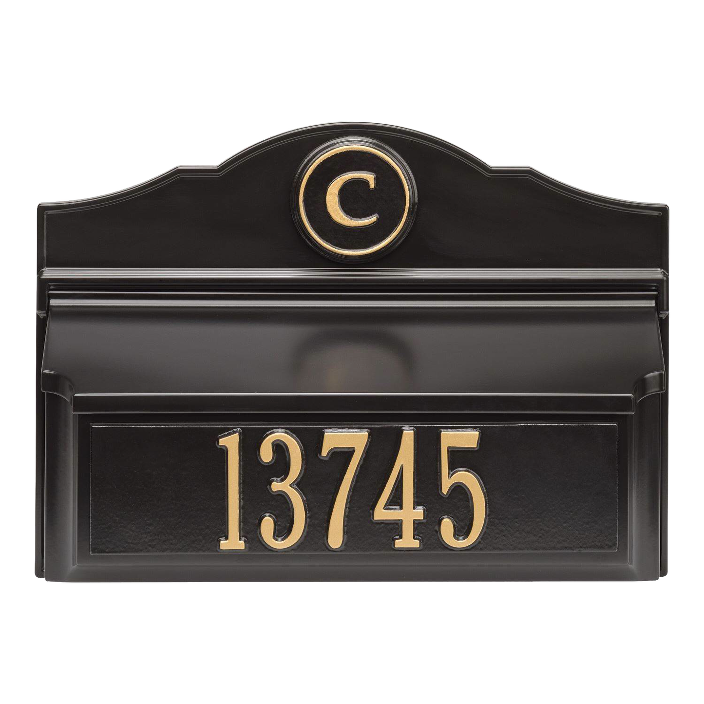 Elegant black and gold wall mount mailbox featuring a personalized monogram and house number, handcrafted in the USA, ideal for Home & Decor and Mailboxes collections.