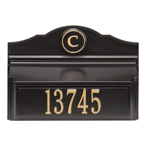 Elegant black and gold wall mount mailbox featuring a personalized monogram and house number, handcrafted in the USA, ideal for Home & Decor and Mailboxes collections.