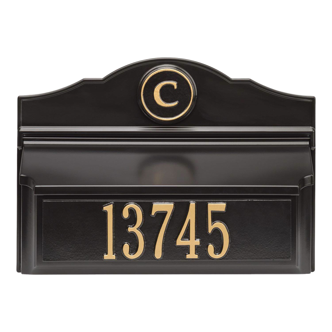 Elegant black and gold wall mount mailbox featuring a personalized monogram and house number, handcrafted in the USA, ideal for Home & Decor and Mailboxes collections.