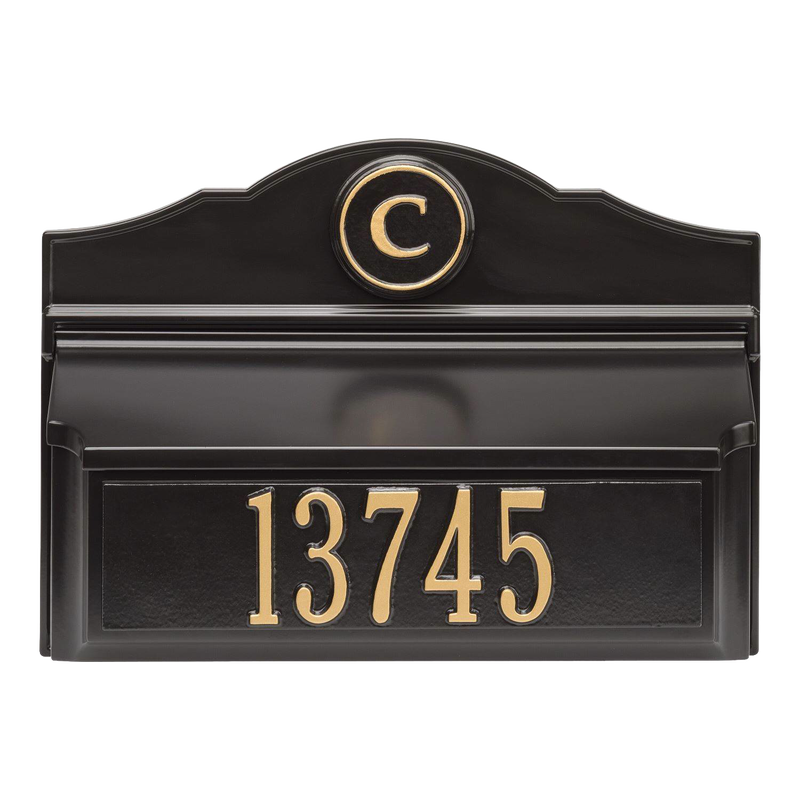 Elegant black and gold wall mount mailbox featuring a personalized monogram and house number, handcrafted in the USA, ideal for Home & Decor and Mailboxes collections.