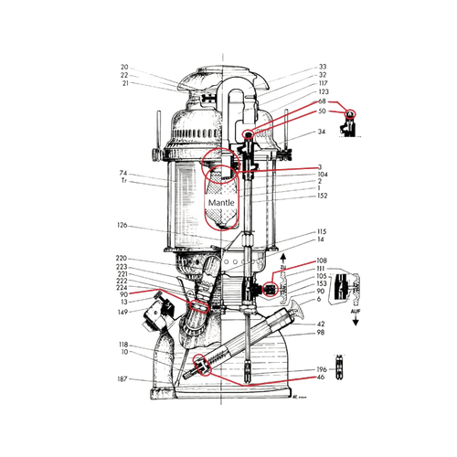 Detailed technical illustration of a Petromax HK350/HK500 pressure lamp showing component assembly with labeled parts, suitable for Lamps & Lighting, Parts and Accessories, Other Parts, Best Sellers, and Promo Eligible collections.