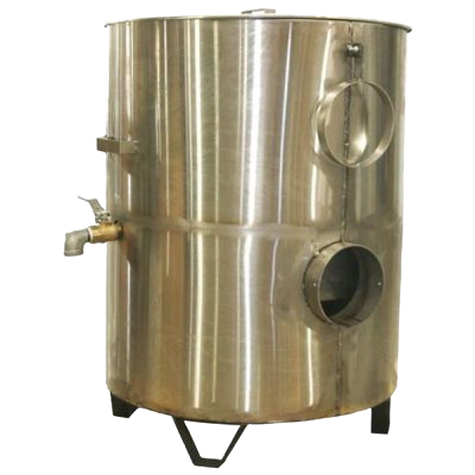 Stainless steel wood-fired canner with built-in firebox, lid, and spigot, designed for food preservation, canning, and water bath cooking, featured in Kitchen & Food and Food Preservation collections.