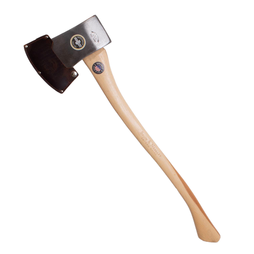 Handcrafted Snow & Nealley single bit axe with high carbon steel blade, hickory handle, genuine leather blade guard, ideal for heavy-duty wood cutting in farm and garden tasks.