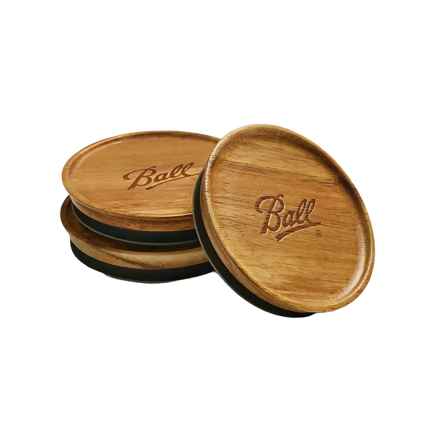 Set of three handcrafted acacia wood storage lids with airtight seals, featuring engraved natural wood grain and stackable design, perfect for Kitchen & Food and Storage collections.