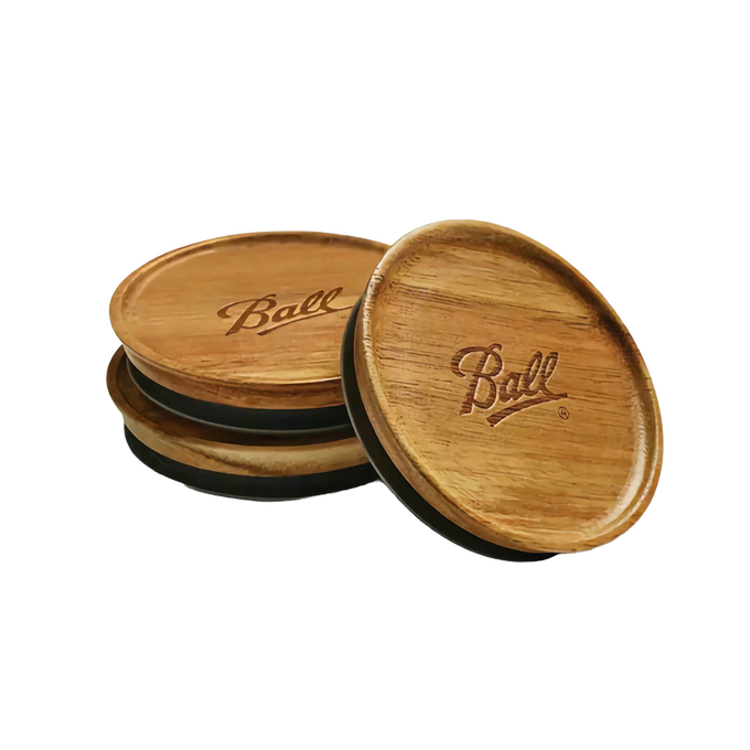 Set of three handcrafted acacia wood storage lids with airtight seals, featuring engraved natural wood grain and stackable design, perfect for Kitchen & Food and Storage collections.