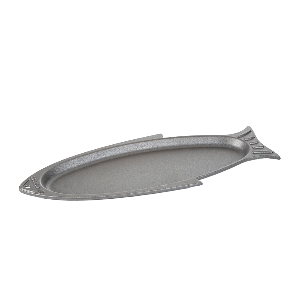 Handcrafted cast iron grill pan shaped like a fish, designed to sear whole or filet fish up to 12 inches, suitable for Kitchen & Food, Cast Iron, Grilling, and Best Sellers collections.