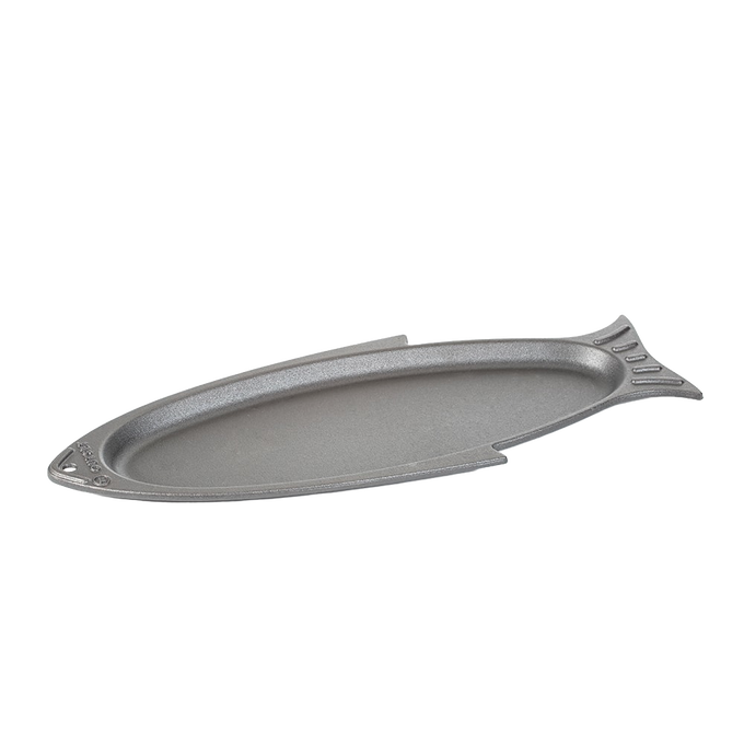 Handcrafted cast iron grill pan shaped like a fish, designed to sear whole or filet fish up to 12 inches, suitable for Kitchen & Food, Cast Iron, Grilling, and Best Sellers collections.