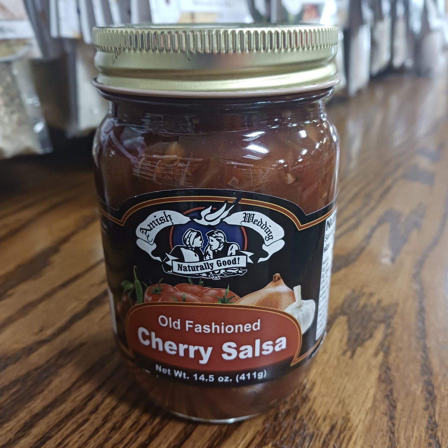 Handcrafted jar of Amish-style cherry salsa with thick, chunky texture, made in USA, ideal for Kitchen & Food, Snacks and Sweets, Pantry, USA Made, Best Sellers, and Promo Eligible collections.