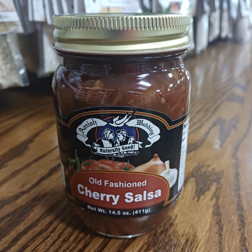 Handcrafted jar of Amish-style cherry salsa with thick, chunky texture, made in USA, ideal for Kitchen & Food, Snacks and Sweets, Pantry, USA Made, Best Sellers, and Promo Eligible collections.