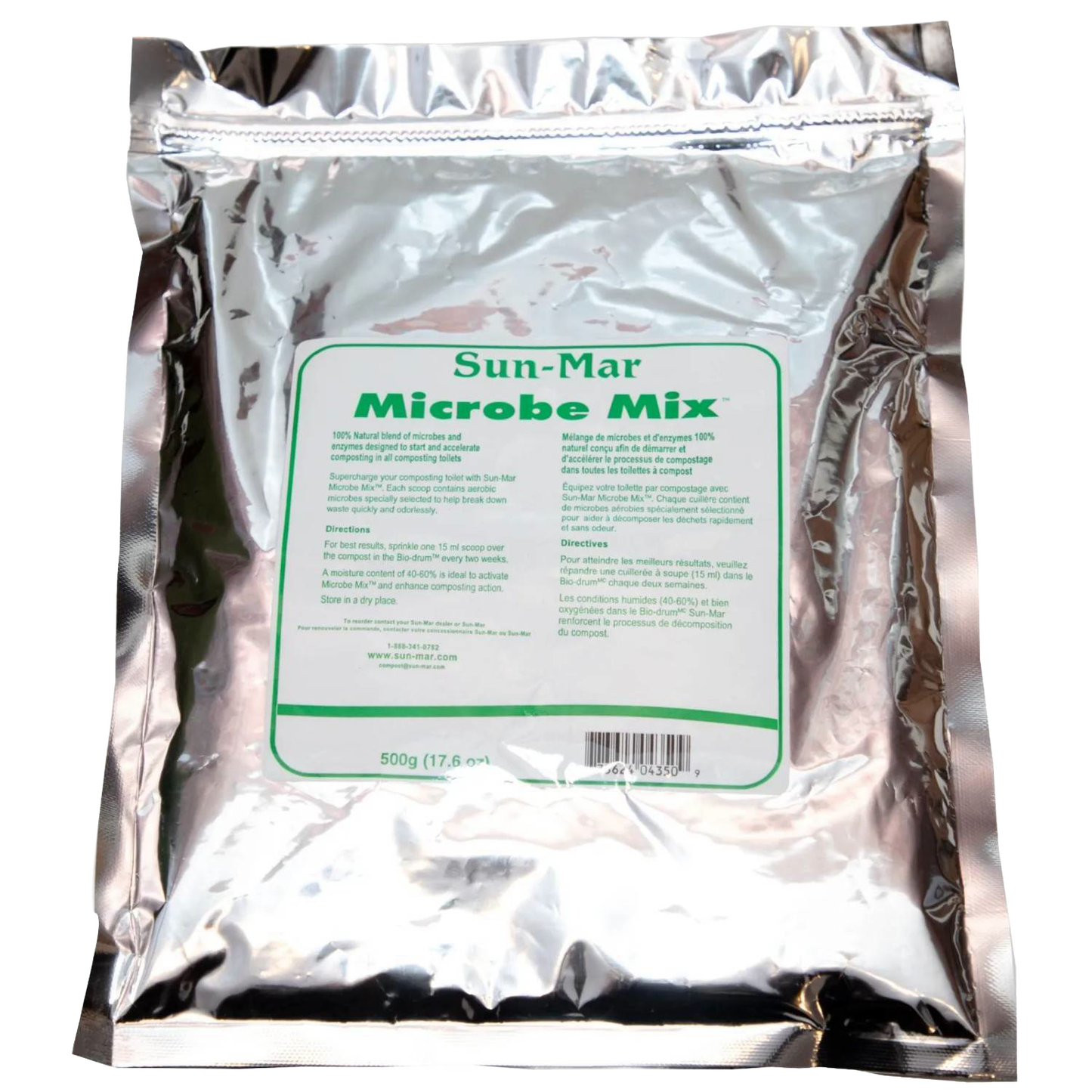 Silver foil pouch containing microbial mix powder with green and white label, ideal for composting and aerobic bacteria enhancement in appliances and composting toilet collections.