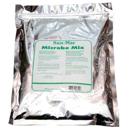 Silver foil pouch containing microbial mix powder with green and white label, ideal for composting and aerobic bacteria enhancement in appliances and composting toilet collections.