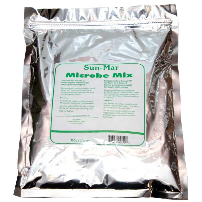 Silver foil pouch containing microbial mix powder with green and white label, ideal for composting and aerobic bacteria enhancement in appliances and composting toilet collections.