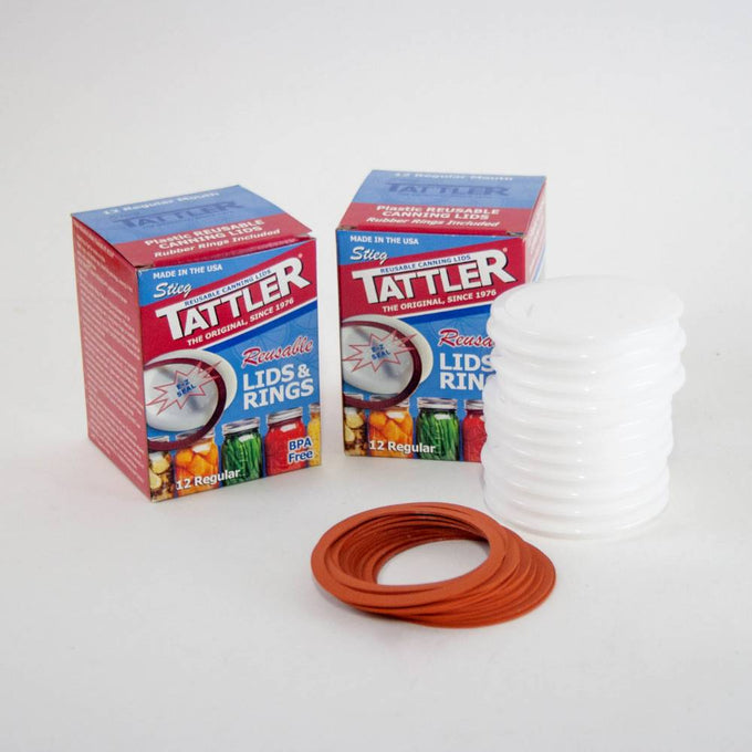 Handcrafted reusable white plastic canning lids and brown sealing rings for regular mouth jars, made in USA, featured in Kitchen & Food, Food Preservation, Canning, Canning Jar Lids and Bands, USA Made, Best Sellers, and Promo Eligible collections.