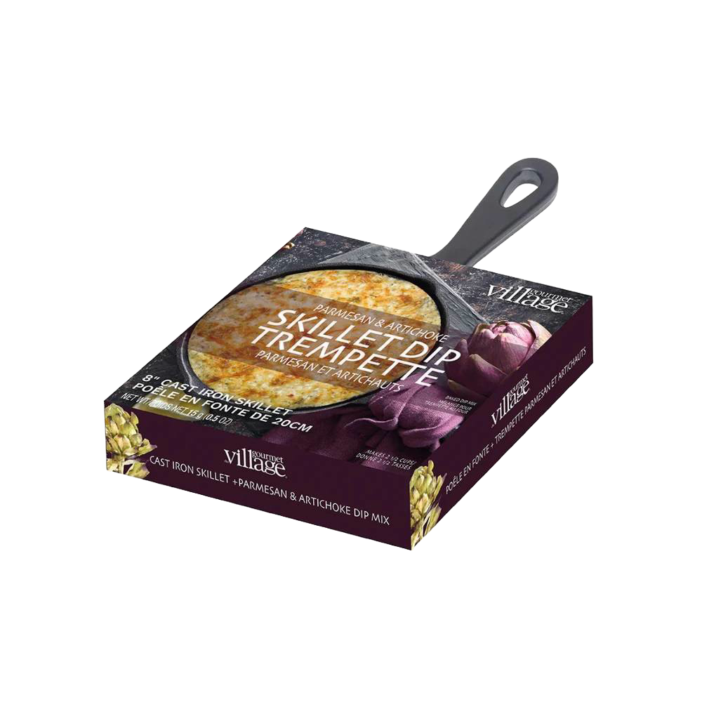 Cast iron skillet dip mix kit featuring a Parmesan and artichoke blend, presented in packaging highlighting a baked dip, ideal for Kitchen & Food, Dry Goods and Mixes, Best Sellers collections.