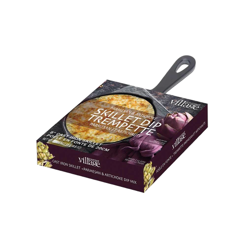 Cast iron skillet dip mix kit featuring a Parmesan and artichoke blend, presented in packaging highlighting a baked dip, ideal for Kitchen & Food, Dry Goods and Mixes, Best Sellers collections.