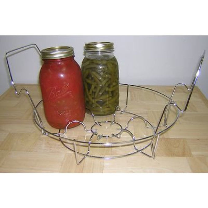 Chrome-plated steel canning rack designed to hold seven jars, shown with two filled jars, suitable for Kitchen & Food and Food Preservation collections.