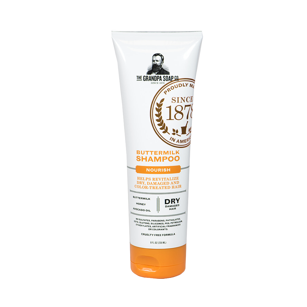 Tube of Grandpa's Buttermilk Shampoo with nourishing ingredients like buttermilk, honey, and avocado oil, designed to revitalize dry, damaged, and color-treated hair, handcrafted in USA, featured in Health & Wellness, Grooming and Personal Hygiene, USA Made, Best Sellers, and Promo Eligible collections.