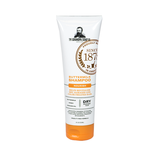 Tube of Grandpa's Buttermilk Shampoo with nourishing ingredients like buttermilk, honey, and avocado oil, designed to revitalize dry, damaged, and color-treated hair, handcrafted in USA, featured in Health & Wellness, Grooming and Personal Hygiene, USA Made, Best Sellers, and Promo Eligible collections.