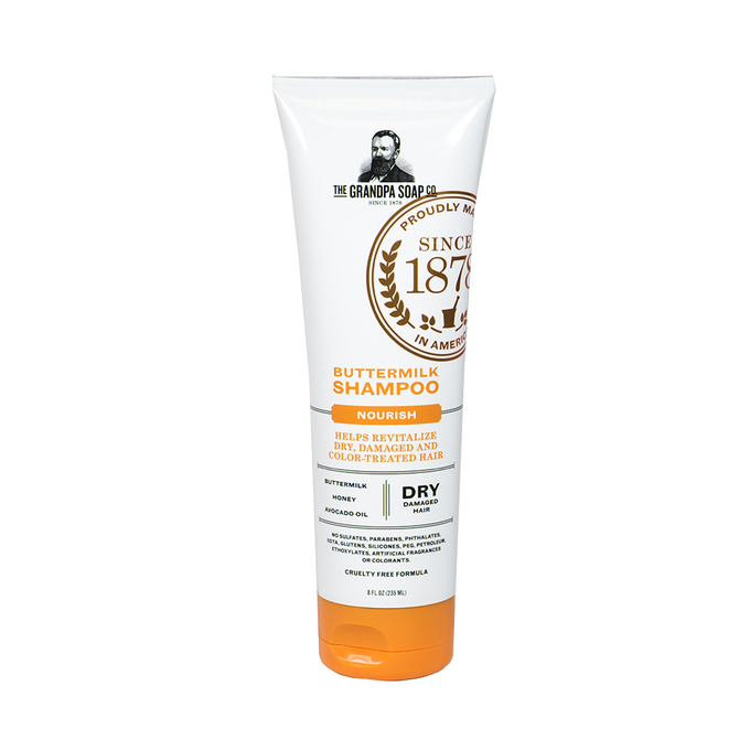 Tube of Grandpa's Buttermilk Shampoo with nourishing ingredients like buttermilk, honey, and avocado oil, designed to revitalize dry, damaged, and color-treated hair, handcrafted in USA, featured in Health & Wellness, Grooming and Personal Hygiene, USA Made, Best Sellers, and Promo Eligible collections.