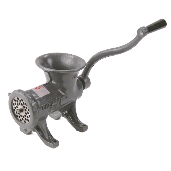 Hand-crank bolt-down meat grinder with durable cast iron body and ergonomic handle, made in USA, featured in Kitchen & Food, Specialty Equipment, Butchering Supplies, USA Made, and Best Sellers collections.