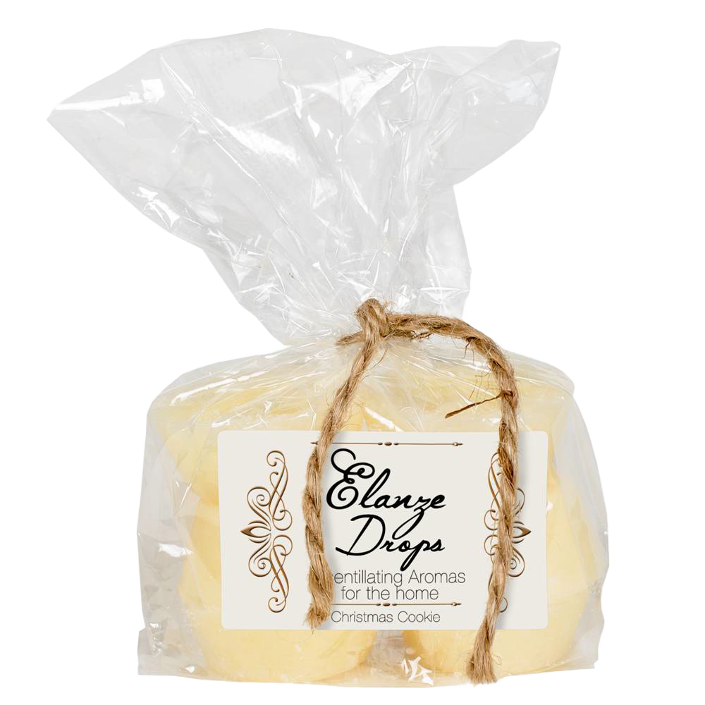 Clear cellophane bag tied with rustic twine, containing six pale yellow scented wax drops labeled with elegant script for uplifting Christmas Cookie aromas, ideal for Home & Decor, Decor, Best Sellers, Promo Eligible, and Sale collections.